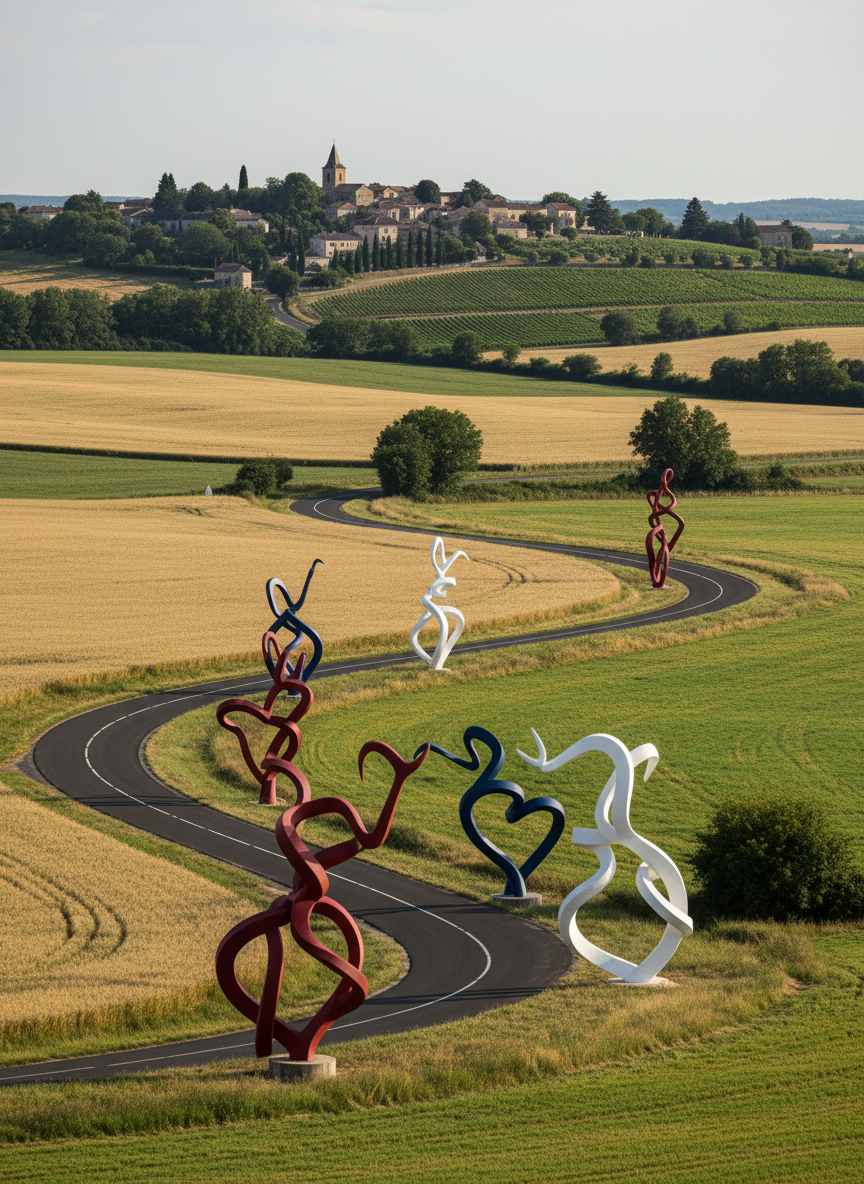 A wide-angle, daytime panoramic photograph of the Garonne valley landscape near Castelnau-d’Estrétefonds, with a graceful ribbon of road cutting through undulating fields toward a distant hilltop village. Along one scenic bend, a bold series of large roadside sculptures in the shape of intertwined hearts and routes rises from the grass, painted in saturated reds, whites, and deep blues, subtly echoing the Road Romance Festival identity. Soft, bright daylight from a lightly overcast sky creates even, diffused illumination, enhancing colors and minimizing harsh shadows. The composition uses the rule of thirds, with the road leading diagonally from the bottom corner, lending a sense of motion and journey. The mood is expansive, optimistic, and slightly poetic, ideal for illustrating the festival’s connection to its French regional setting without featuring any people or explicit text.