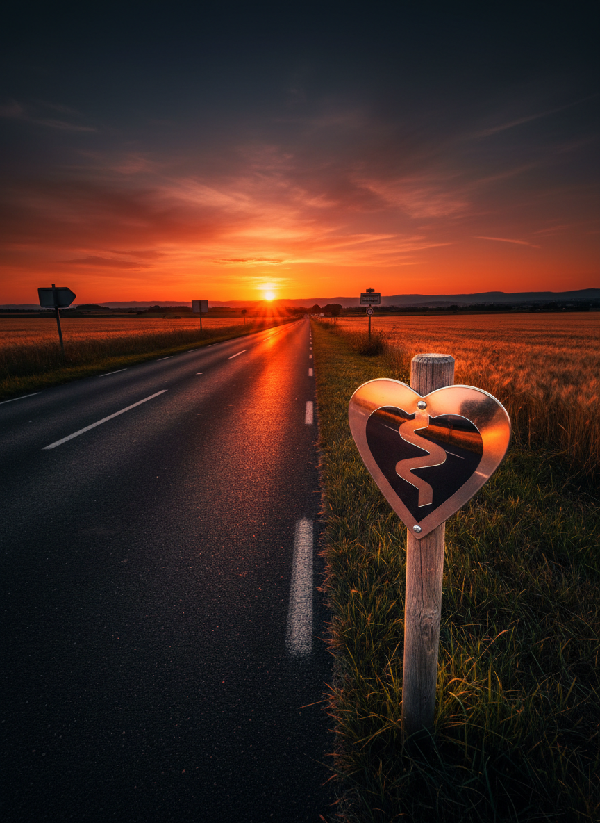 A long, gleaming asphalt road stretching into the horizon, flanked by golden fields and scattered roadside signs, symbolizing the Road Romance Festival. In the foreground, a close-up of a shiny metal road sign shaped like a stylized heart-and-route icon is bolted to a weathered post, its surface reflecting the warm colors of sunset. The sky blazes with saturated oranges and deep blues, captured in photographic realism. Soft golden hour light casts elongated shadows across the road, creating a bold, cinematic atmosphere. Shot from a low angle at the road’s edge with strong depth leading toward distant hills, the composition feels energetic and adventurous, evoking the spirit of a French road-trip romance near Castelnau-d’Estrétefonds without any visible people or text.