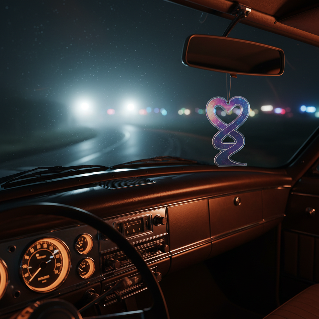 A bold, cinematic close-up of a classic car dashboard at night, its polished chrome details and deep leather textures rendered in photographic realism. The windshield frames a dark country road lit by the car’s headlights, which carve bright beams through gentle mist on a route near Castelnau-d’Estrétefonds. Hanging from the rearview mirror is an abstract festival pass shaped like a road looping into a heart, with no readable text. Neon-like reflections in the glass suggest distant festival lights. The scene is lit mainly by the warm instrument-panel glow and cool white headlights, creating contrasting color temperatures. Shot from the passenger-side perspective with a shallow depth of field, the composition feels immersive, adventurous, and romantic, perfectly capturing the Road Romance Festival theme and ideal for a blog or storytelling section.