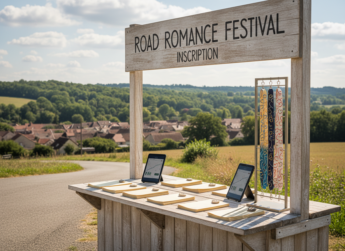 A sturdy wooden registration kiosk set beside a rural French roadside, designed for the Road Romance Festival. The counter surface holds stacks of blank, neatly arranged forms, sleek digital tablets, and a lanyard display featuring abstract heart-and-road icons instead of text. Behind the kiosk, a backdrop of tree-lined hills and a distant view of Castelnau-d’Estrétefonds rooftops appears softly blurred. Bright yet soft midday sunlight filters through scattered clouds, illuminating the natural wood grain and casting clean, inviting shadows. Photographic realism captures every detail, from the metallic sheen of the hardware to the smooth surfaces of the devices. Framed at eye level with a slight three-quarters angle, the composition feels organized, practical, and bold, perfectly suited for a site section about practical information and registrations, with no visible people.