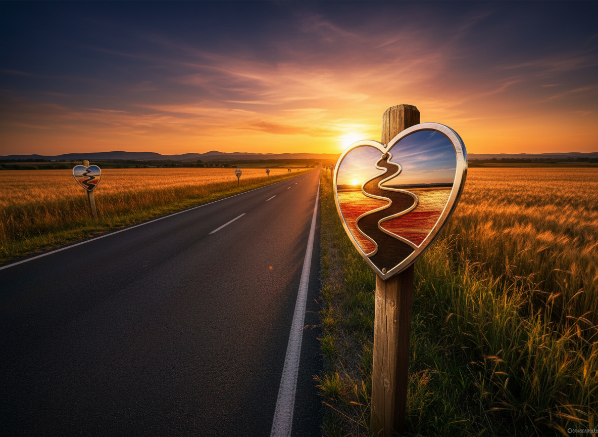 A long, gleaming asphalt road stretching into the horizon, flanked by golden fields and scattered roadside signs, symbolizing the Road Romance Festival. In the foreground, a close-up of a shiny metal road sign shaped like a stylized heart-and-route icon is bolted to a weathered post, its surface reflecting the warm colors of sunset. The sky blazes with saturated oranges and deep blues, captured in photographic realism. Soft golden hour light casts elongated shadows across the road, creating a bold, cinematic atmosphere. Shot from a low angle at the road’s edge with strong depth leading toward distant hills, the composition feels energetic and adventurous, evoking the spirit of a French road-trip romance near Castelnau-d’Estrétefonds without any visible people or text.