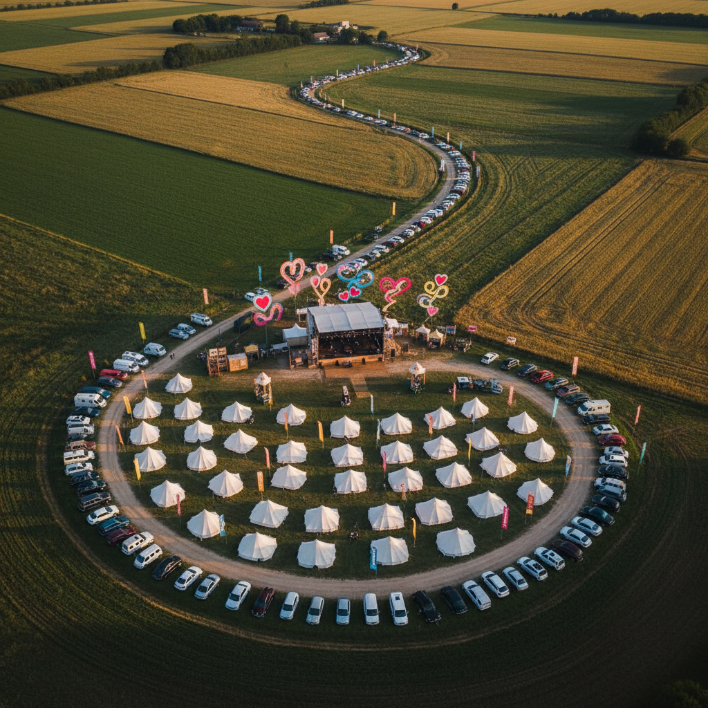 An aerial photographic view of a festival site beside a winding country road near Castelnau-d’Estrétefonds, with neatly arranged white tents, a central stage structure, and clusters of colorful decorative banners shaped like hearts and stylized routes. Surrounding fields of green and ochre patchwork the countryside, while parked vintage-style vehicles form bold geometric lines along the road. The late afternoon sun casts crisp shadows, highlighting the layout and giving the scene a dynamic, organized energy. Captured in high-resolution realism from a bird’s-eye perspective, the composition uses sweeping curves of the road to guide the eye through the festival grounds, suggesting a lively Road Romance event without showing any people or readable signage.
