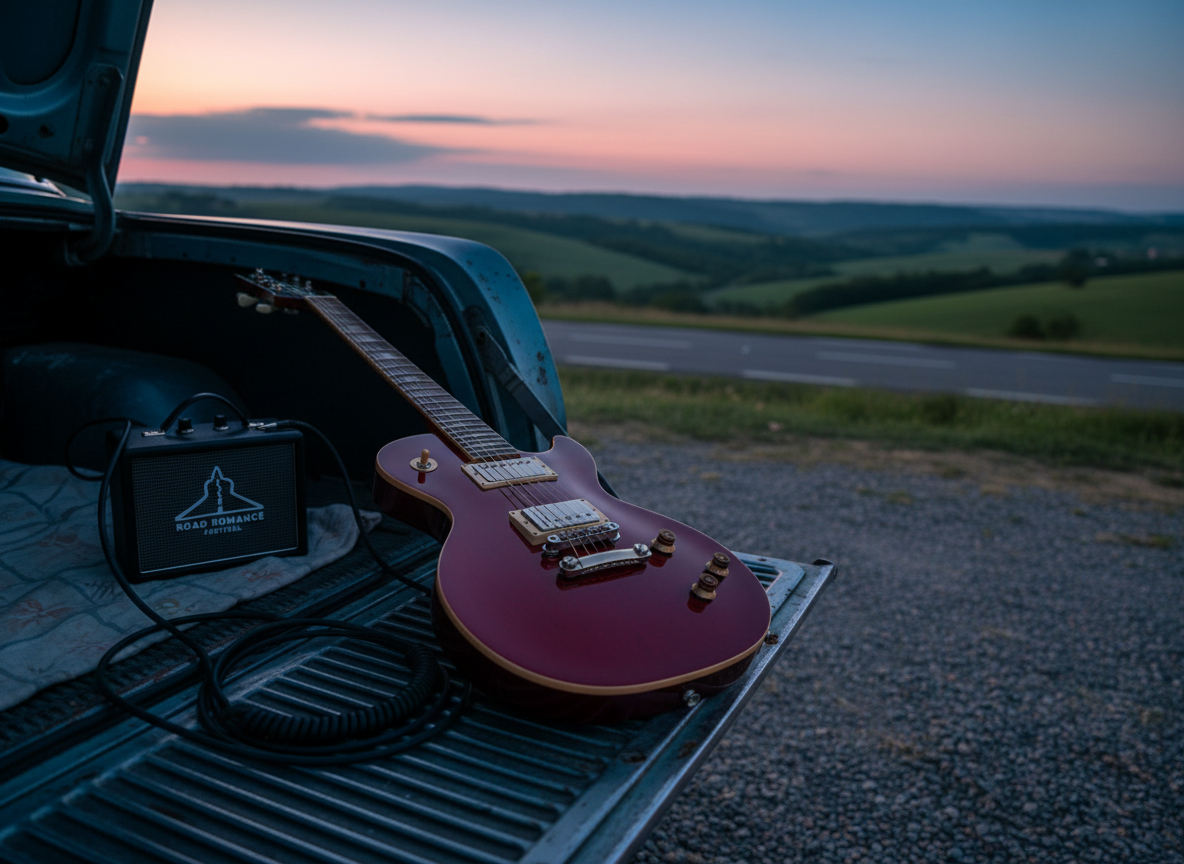 A dramatic close-up of a glossy, dark-red electric guitar resting on the open tailgate of a vintage car, parked on a quiet roadside overlooking rolling hills near Castelnau-d’Estrétefonds. The guitar’s chrome hardware glints under warm twilight sky, while coiled cables and a compact amplifier sit nearby, hinting at live performances of the Road Romance Festival. The background road curves gracefully out of focus, lit by the last blue-pink tones of dusk. Soft, directional side-lighting accentuates textures in the car’s metallic paint and the guitar’s polished wood, creating a bold, cinematic mood. Shot at a shallow depth of field from a slightly low angle, the image feels intimate yet expansive, evoking music, travel, and romance without any human presence or text.