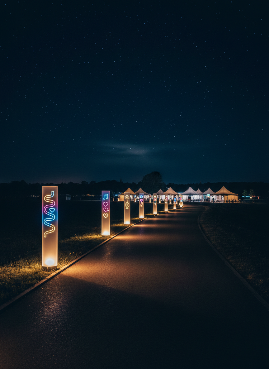 A moody night-time roadside scene showcasing a row of illuminated festival info totems for the Road Romance Festival, each featuring glowing abstract icons of roads, hearts, and music notes instead of text. The totems line a gentle curve of asphalt leading toward a softly lit cluster of tents in the distance near Castelnau-d’Estrétefonds. Overhead, a deep indigo sky is scattered with stars, while warm, low-height LED lights along the road edge cast sharp, dramatic highlights and long, converging shadows. Captured in high-contrast photographic realism from a slightly elevated angle, the composition uses strong perspective lines to pull the viewer forward, creating an atmosphere that is bold, modern, and slightly mysterious, ideal for illustrating practical evening access and wayfinding without any people.